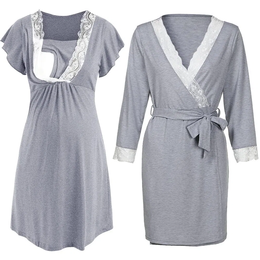 Bysion Donna Set Vestaglia e Camicia Cotone Allattamento Premaman Elegante Scollo a V Pizzo Vestito Pigiami Casa Casual Comodo - Pacco da 2