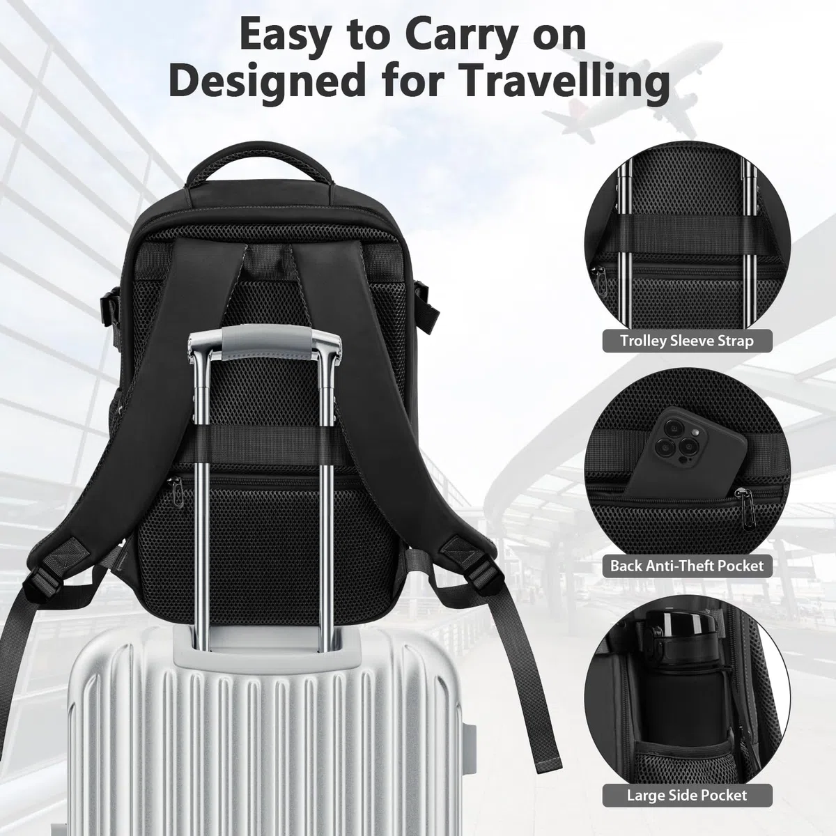OTAHGK Bagaglio a Mano 40 × 20 × 25 per Ryanair, Zaino da Viaggio Sotto il Sedile Aereo Borsa da Cabina Voli Zaini Casual Valigia Ufficio Scolastico Lavoro Borse Adatto a Laptop da 14 pollici-Nero