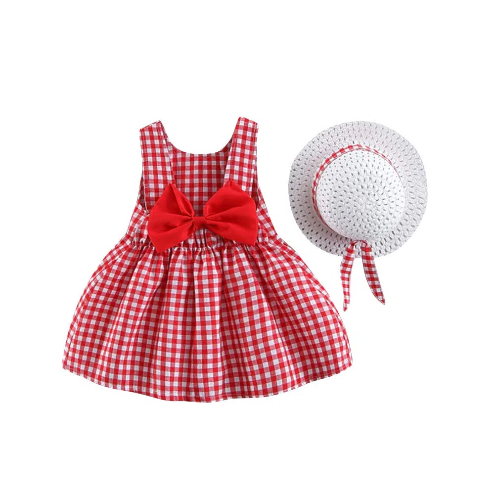 IWEMEK Vestito da bambina con motivo floreale, stampato, da principessa, con fiocco, senza maniche, con cappello di paglia, casual, per cerimonia, spiaggia, vacanze, tempo libero, festa, 9 mesi - 3