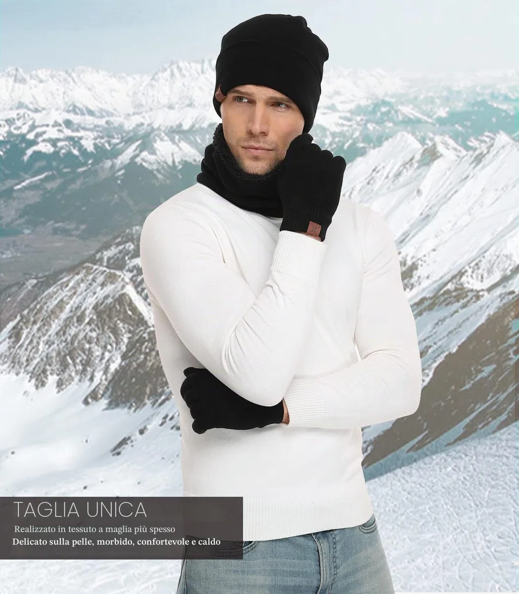 Invernali Cappello Sciarpa e Guanti Touch Screen, Berretto in Maglia Scaldacollo e Guanti con Fodera in Pile per Uomo Donna