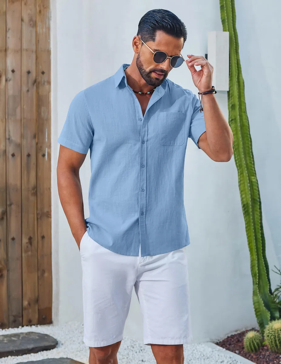 COOFANDY Camicia Uomo a Maniche Corte in Cotone Estiva Regular Fit Camicie Casual con Tasche