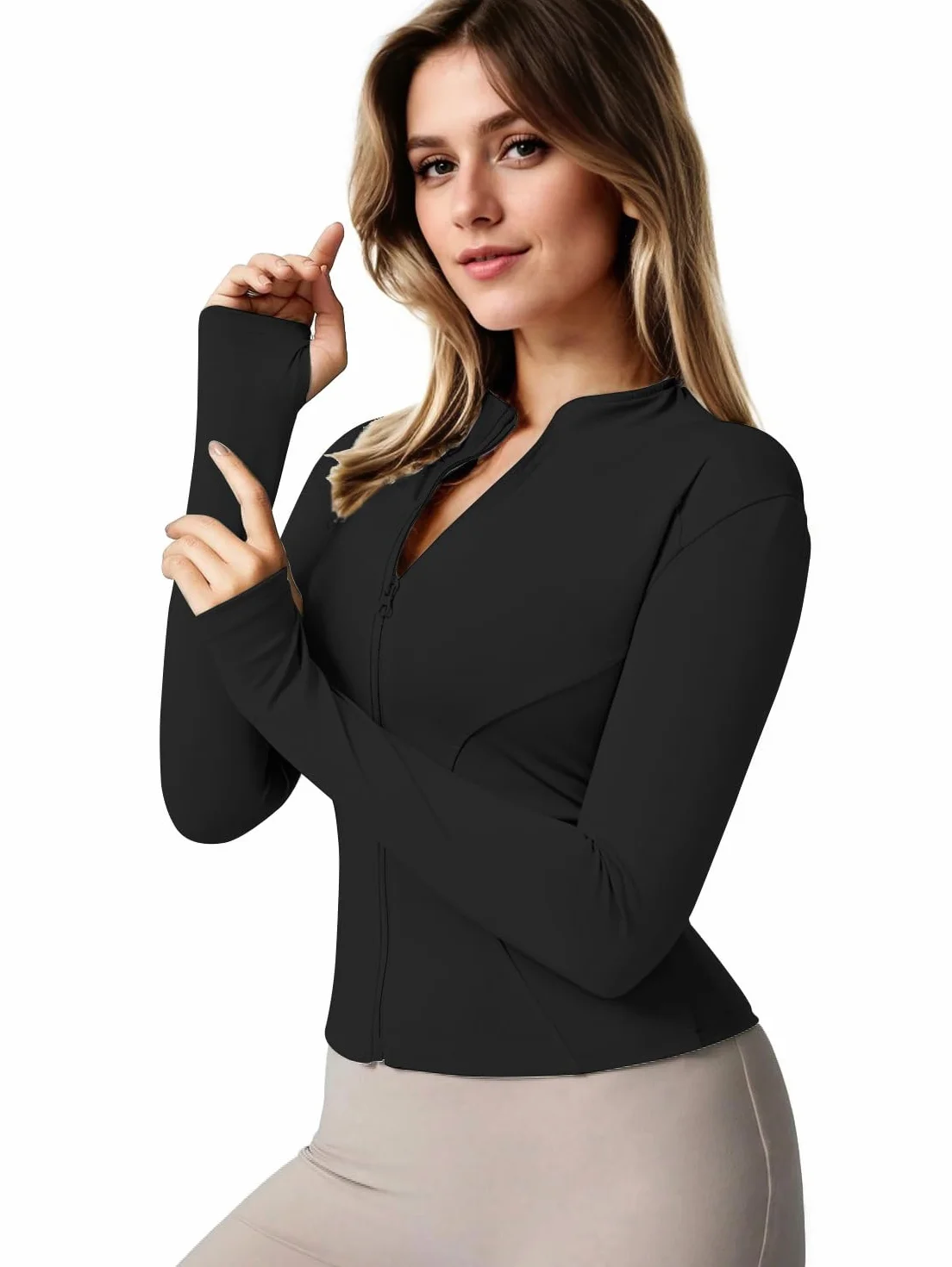 Memoryee Donna Manica Lunga Crop Top Pullover Yoga Running Sport Athletic Gym Workout Maglia Fitness con Mezza Zip e Pollice Foro