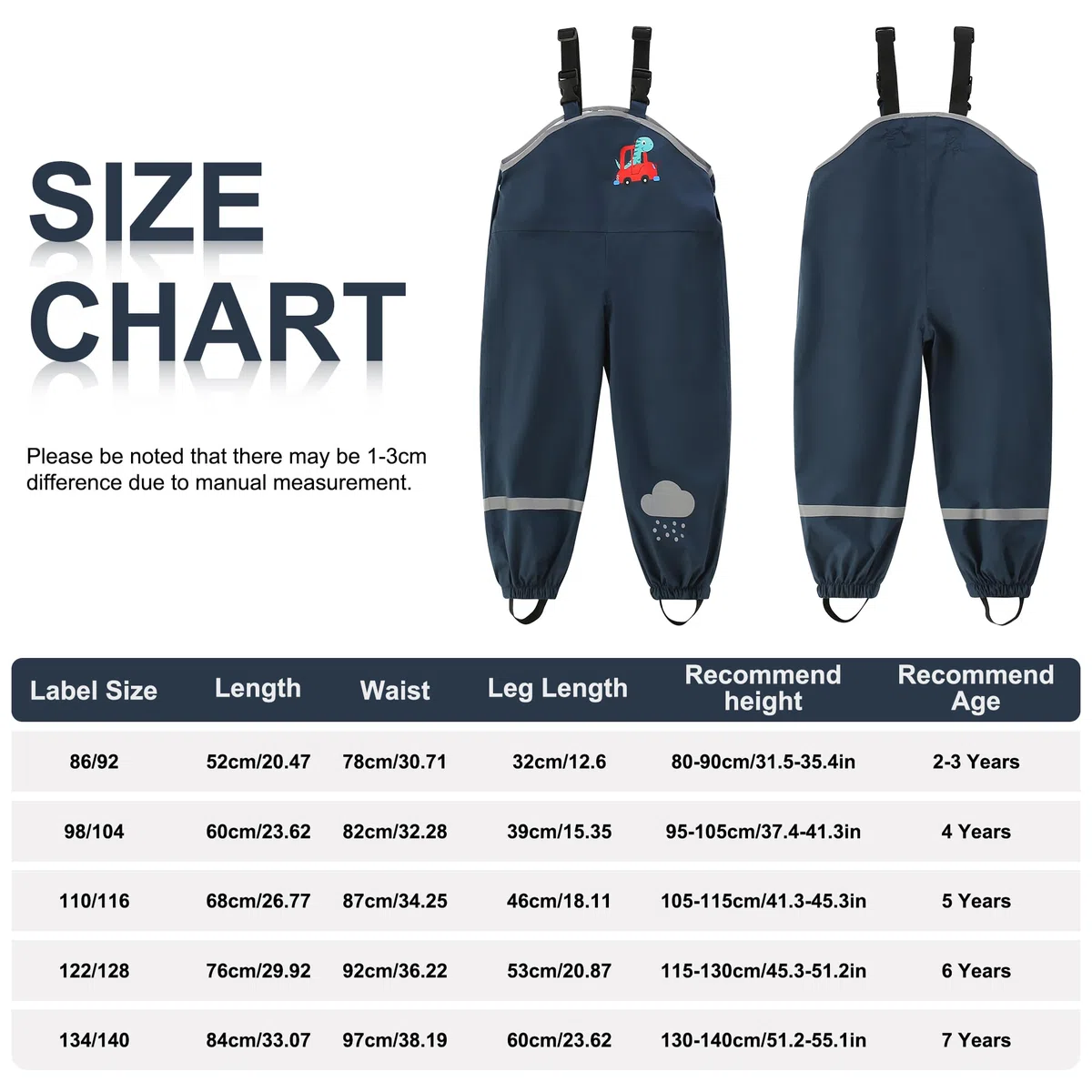 Pantaloni Impermeabili Bambini, Unisex Leggero Salopette Antipioggia Pantalone da Pioggia con Strisce Riflettenti Non Imbottiti Ragazze Ragazzi Impermeabile Abbigliamento, per 2-7 Anni