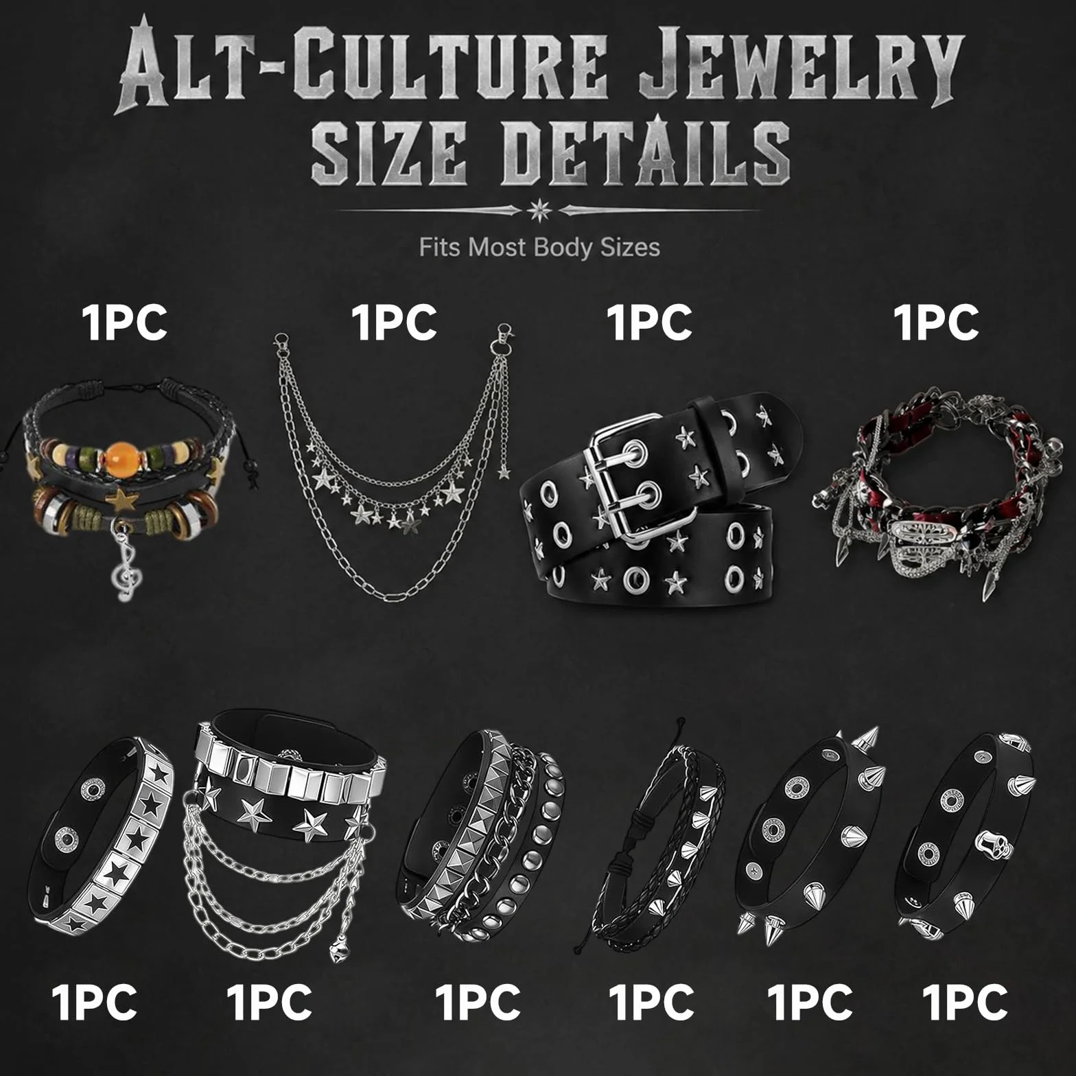 10 Pz Set di Accessori Unisex Y2K Include Cintura con Stampa Stella, Set di 7 Bracciali, Collana Goth Nera e Cintura in Metallo per la Vita - Pelle Nera - Stile Grunge Alt Emo