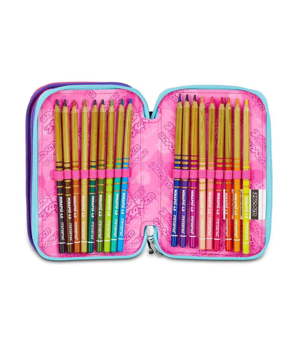 Seven Astuccio Scuola Elementare, 3 scomparti, Medie, con Matite, Pennarelli, Penne, 3 Zip, Universe Spots, Bambina e Ragazza, viola/nero