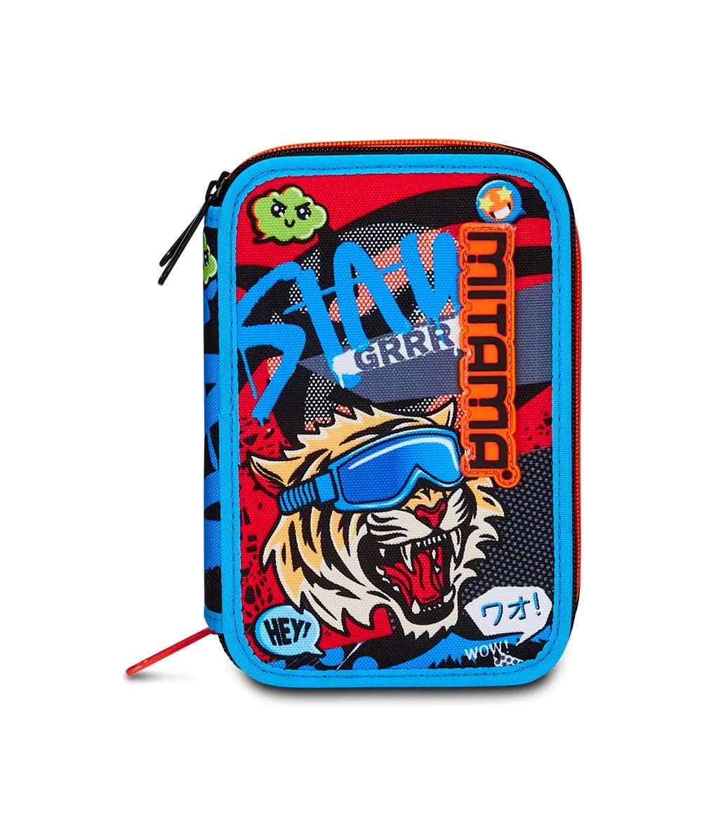 Mitama Astuccio Scuola 3 Scomparti, TRIPLO TIGER WILD, Contenuto 47 pz, Completo di Matite, Pennarelli, Portapenne Scuola Elementare Bambino