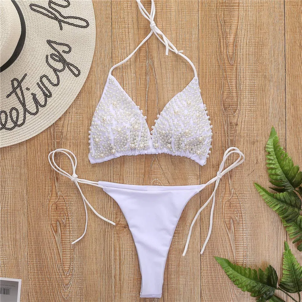 JFAN Bikini di Perle Costume da Bagno Bikini Donna Mare Fascia Brasiliano Sexy Triangolo Halterneck Costume da Bagno da Donna in Pizzo