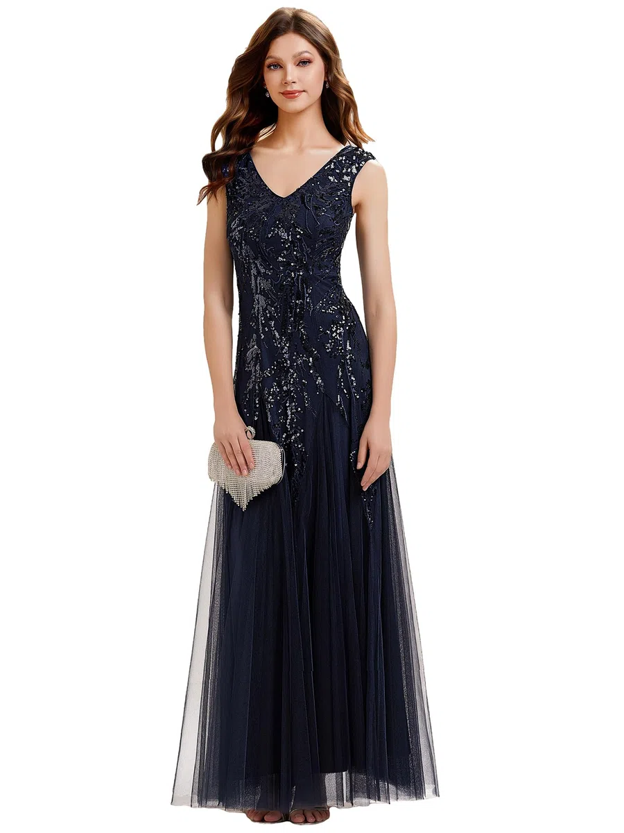 Ever-Pretty Abito Cerimonia Donna Collo a V Maniche Corte Paillente Maxi Gonna Svasata EE02559