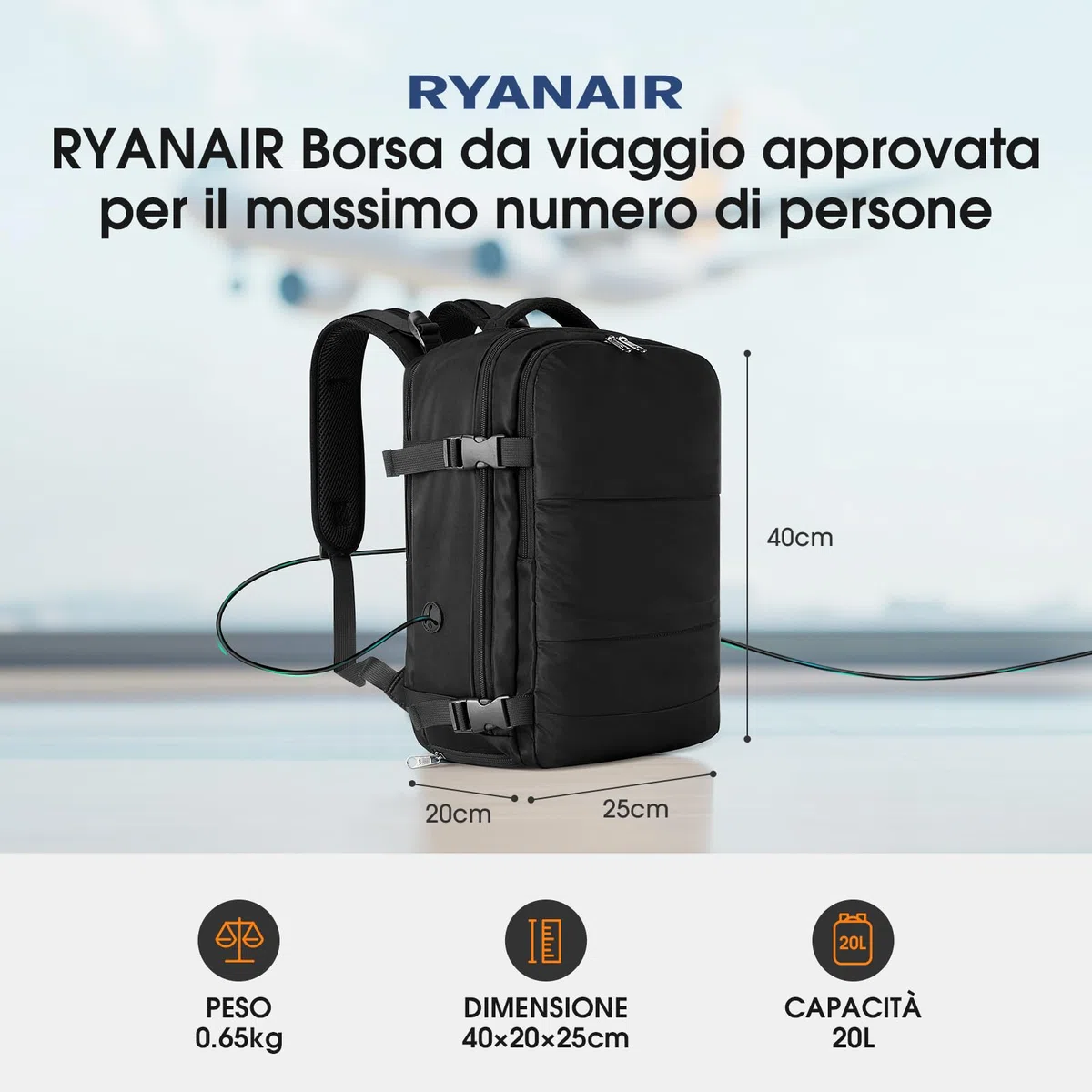Samfolk Zaino Ryanair 40x20x25 Zain da Vaggio bagaglio a mano ryanair 12 Tasche zaino sottovuoto viaggio con Borsa Scarpe Separata per Donne e Uomini Bagaglio a mano, 20L (Nero, 40x20x25)