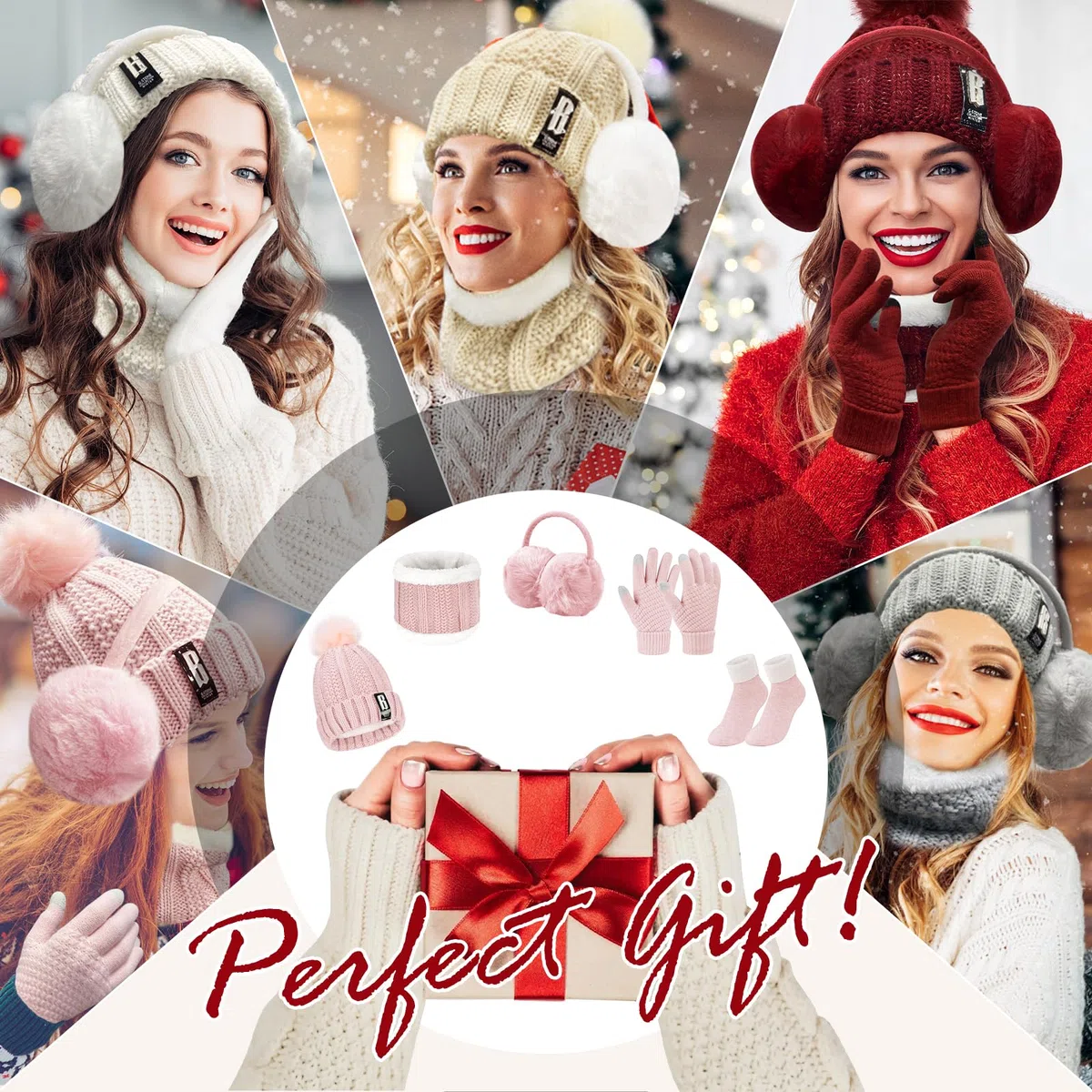 Voqeen 5 Pezzi Donne Sci Inverno Gita Set Magliere Cappello Sciarpa Touch Screen Guanti Paraorecchie Calze per Sport all'aperto Jogging Sci Escursionismo