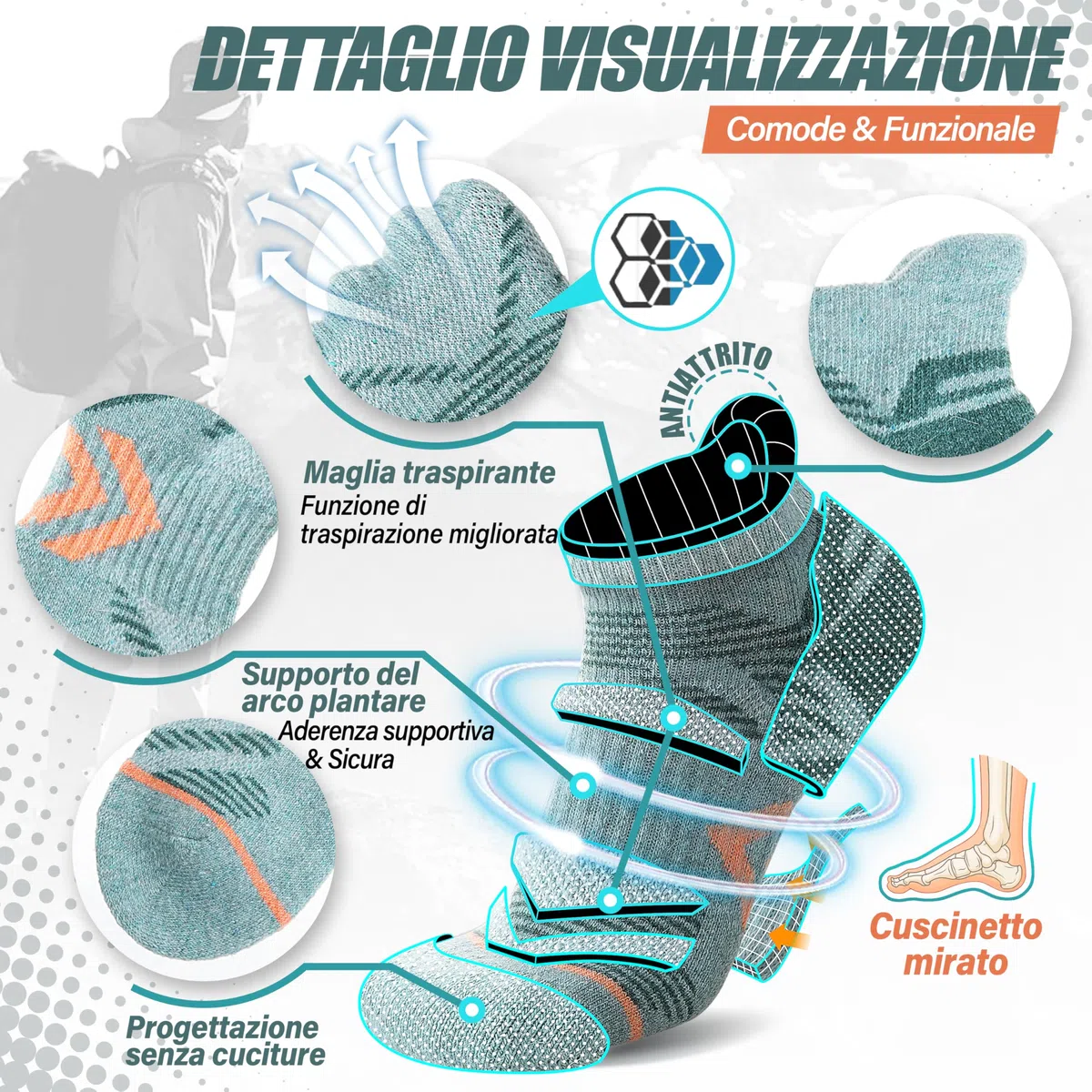 ANTSANG 6 Paia Calzini Lana Merino Caviglia Trekking Corsa Spessi Imbottiti Traspiranti Uomo Donna