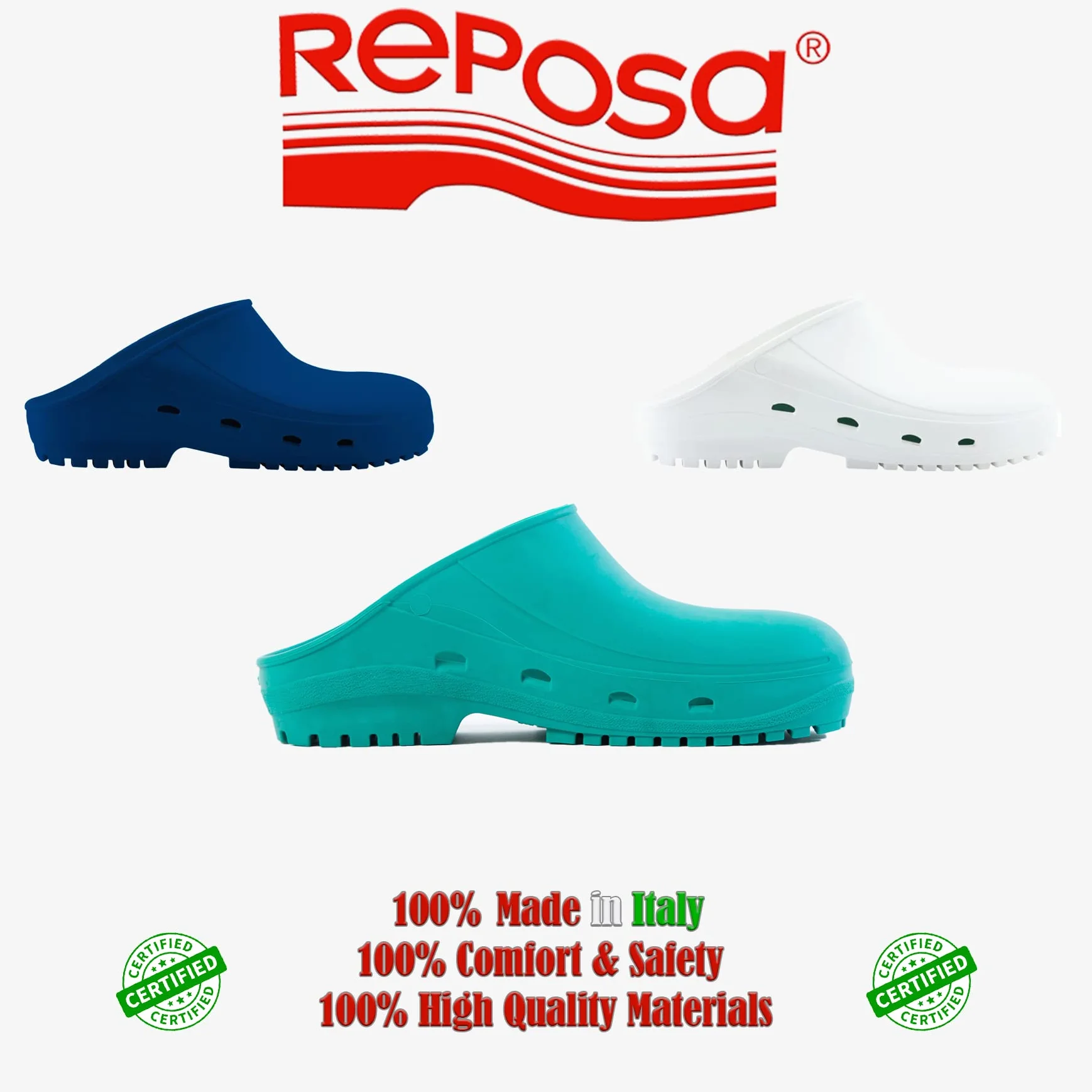 REPOSA Easy - Zoccoli Sanitari Donna e Uomo in Gomma con Suola Antiscivolo SRC, Ciabatte Sanitarie Anatomiche Senza Laccetto, Scarpe Sanitarie Infermieri Sterilizzabili, Antishock e Traspiranti