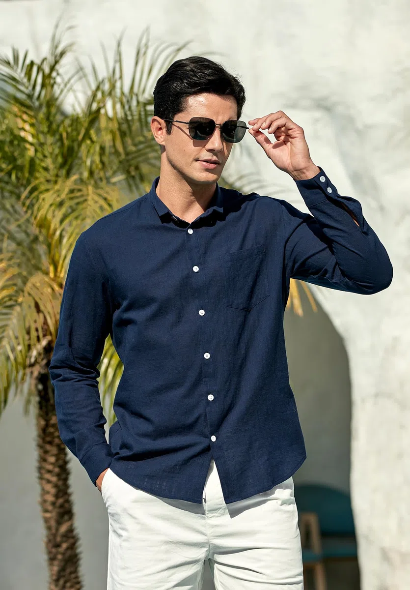Enlision Camicia Lino Uomo Manica Lunga Estiva Cotone Henley Shirts Collo Coreana con Bottoni Tinta Unita Elegante Casual da Spiaggia S-4XL