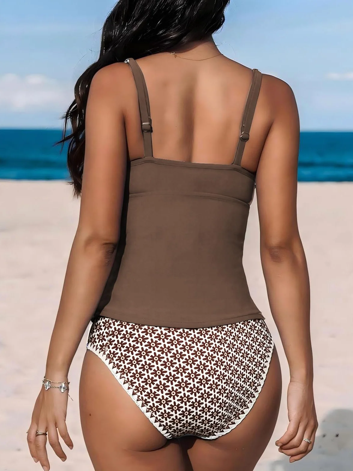 Tankini Donna Mare Costume da Bagno Due Pezzi Push Up Imbottito Reggiseno Modello del Bordo del Dente Regolabile Costume da Bagno