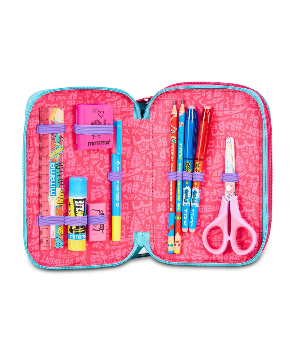 Mitama Astuccio Scuola 3 Scomparti, SUPER TRIPLO RAINBOW LOVE, Contenuto 47 pz, Completo di Matite, Pennarelli, Portapenne Scuola Elementare Bambina