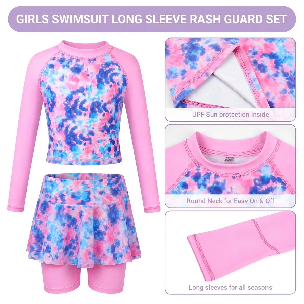 Costume da bagno per ragazze, 3 pezzi, a maniche lunghe, protezione dai raggi UV, maglia con pantaloni corti e cuffia da nuoto, 4-9 anni