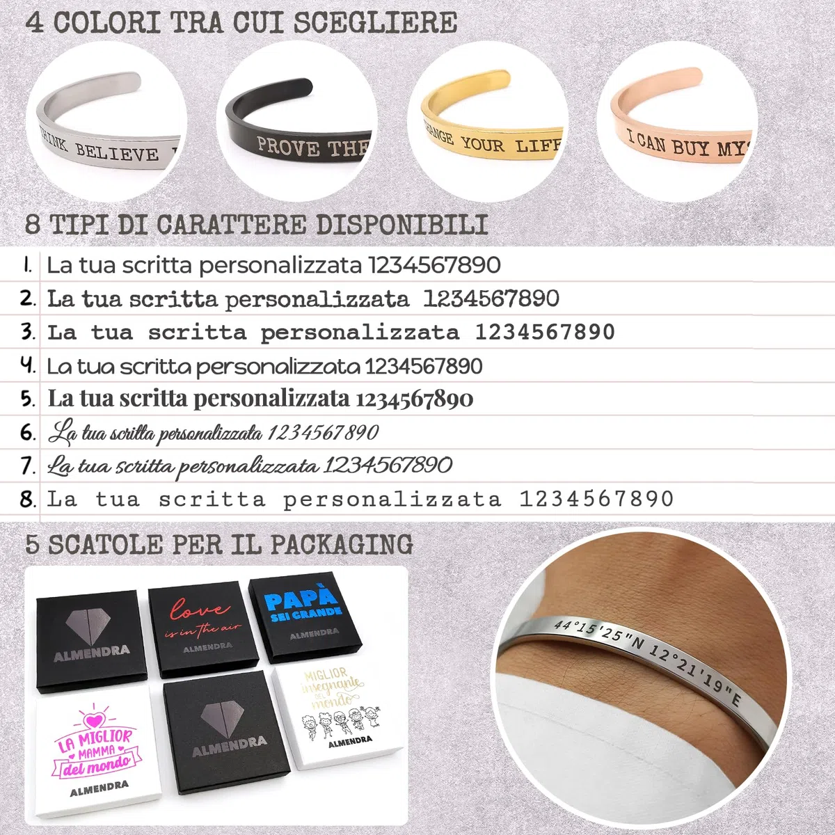 ALMENDRA Bracciale da donna uomo personalizzato con frase incisione nome rigido in acciaio personalizzabile amiche braccialetto regalo