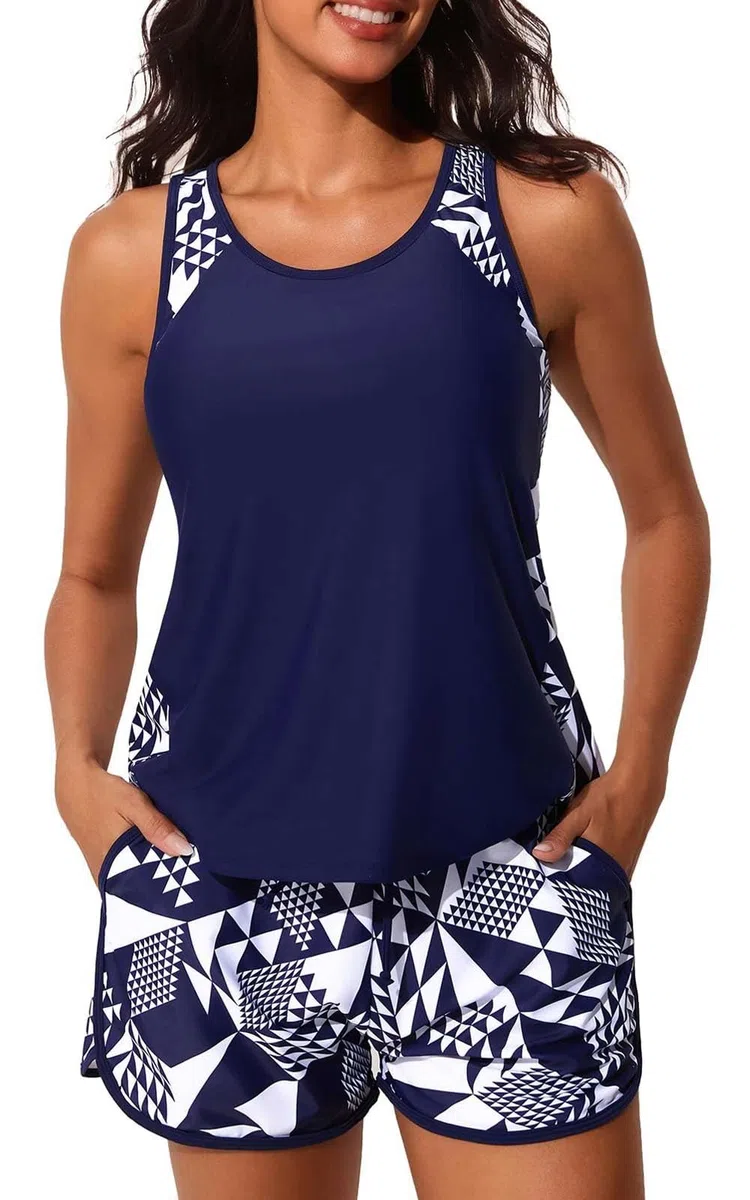 Yutdeng Costume da Bagno a Due Pezzi Tankini Donna Mare Blouson Top da Bagno Push Up e Pantaloncini a Vita Alta con Coulisse Tasche retrò Fiore Stampa Costumi da Mare Spiaggia Piscina
