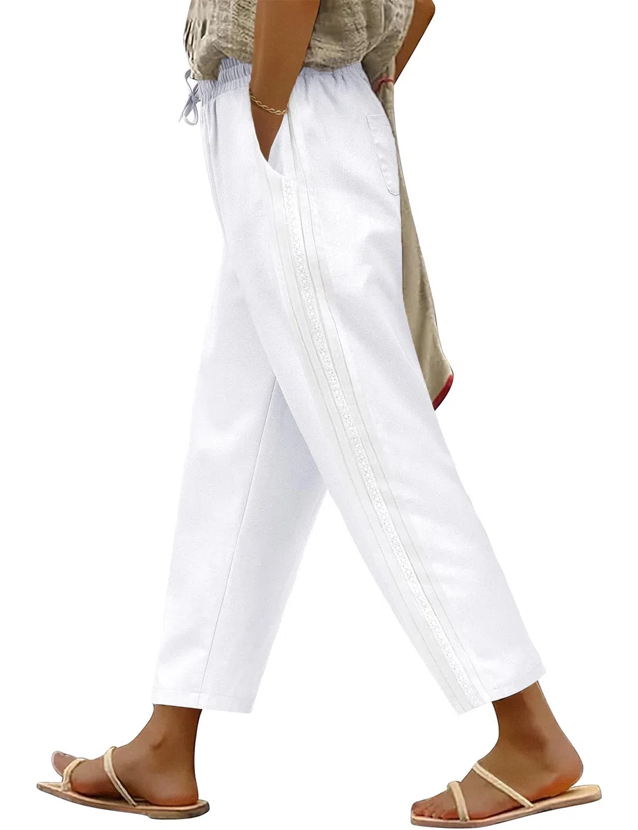 Pantaloni Donna Estivi Cotone 7/8 Pantaloni Larghi Allentati Vita Alta Estate Leggeri Comodi Pantaloni Spiaggia Casual con Coulisse Pantaloni Eleganti Motivo Laterale con Tasche