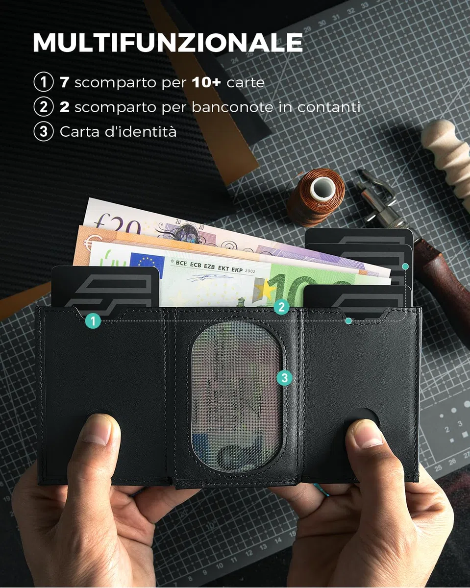 DODENSHA Portafoglio Uomo Piccolo Sottile | Porta Carte Credito | Portafoglio uomo con Portamonete XL | Portafoglio con Blocco RFID | 2 Porta Banconote e 7 Fessure per Carte e Slot ID | Nero-Upgrade