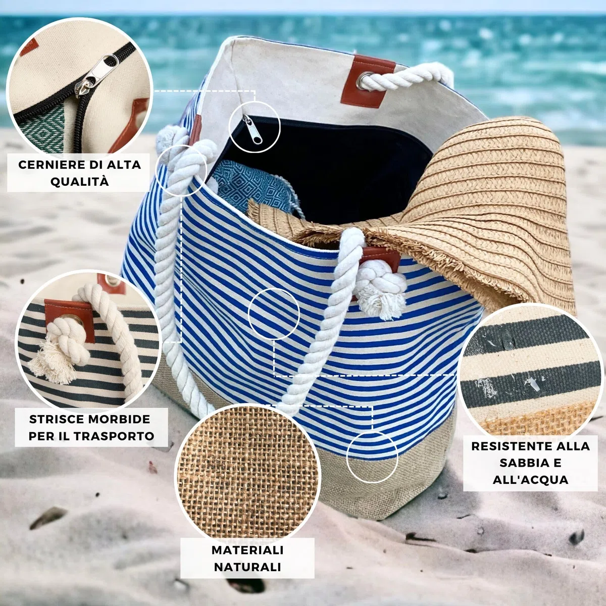 furora HOLIDAY Borsa Mare Grande XL, Donna + Uomo: con cerniera e 2 tasche interne (per costumi da bagno bagnati e oggetti di valore) maniglia comoda, leggera, grande | Borsa Spiaggia