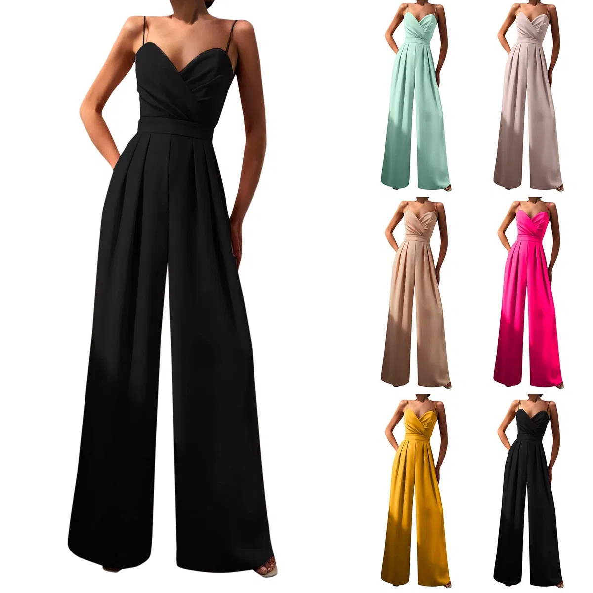 Tuta Donna Eleganti Curvy Pantaloni da Tuta da Donna Baggy Completo Senza Manica Scollo a V Vestito Con Tasche Tinta Unita Tute da Donne Elegante Cerimonia Playsuit Completi Lungo da Sera Interi