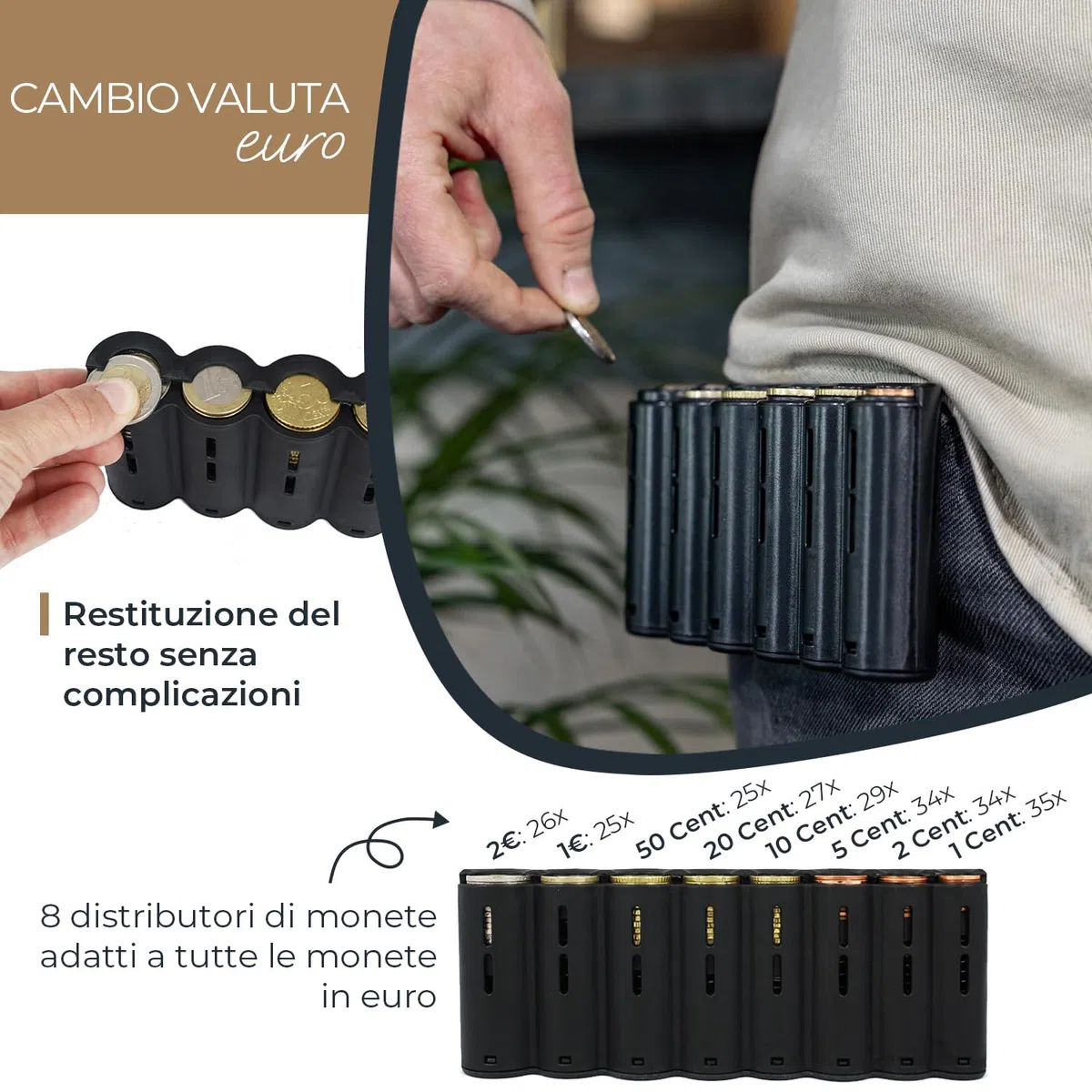 HMF Portafoglio da cameriere con cintura regolabile, borsa da cameriere con cambiamonete in euro | 20,5 x 10 x 6,5 cm | Nero