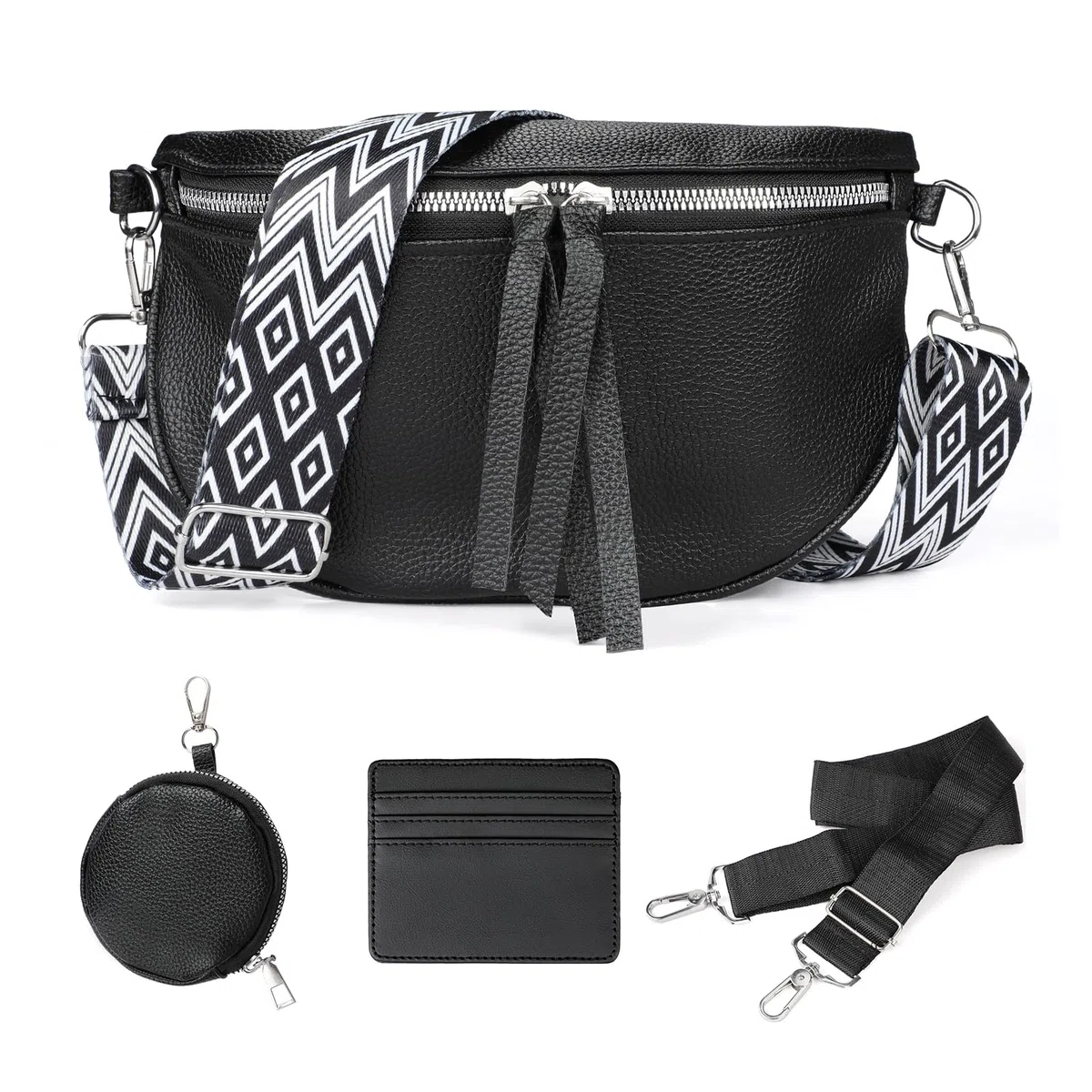 Kiiwah Marsupio Donna Elegante Pelle PU, Borsa a Tracolla di Medie Dimensioni Nero Tracolla Larga con 2 Rimovibile Spallacci
