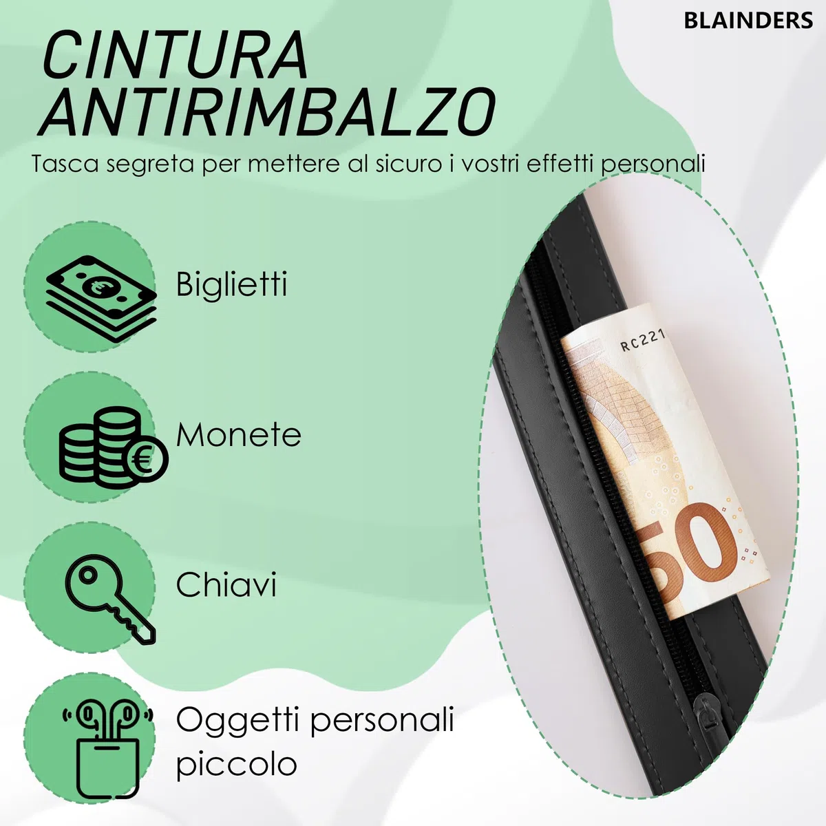Cintura Portasoldi Nascosta per Viaggio, Cintura in Pelle con Portafoglio Interno per Uomo e Donna, Adatto a Tutte le Cinture. Moschettone in Pelle incluso di Gratuito. (Nero)