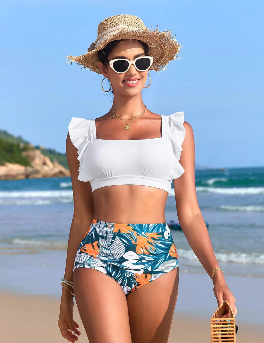 Costume Donna Due Pezzi Vita Alta Bikini Push-up con Scollo Quadrato Costumi da Bagno Piscina e da Spiaggia da Eleganti Dettagli con Volant