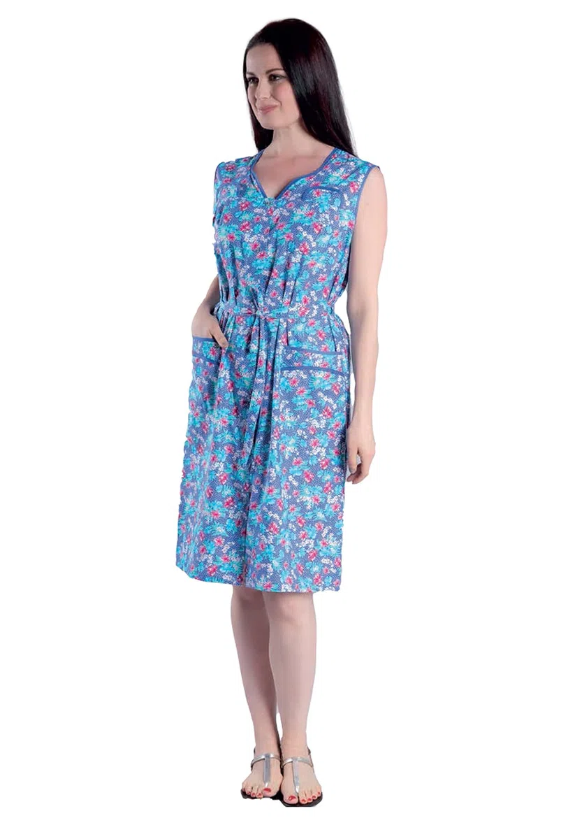 Grembiule Copriabito Donna Lungo Senza Maniche - Disponibile ad Incrocio o con abbottonatura sul Davanti con Tasca - in Fantasie con Fondi Azzurro e Blu - Prodotto Made in Italy 100% Cotone