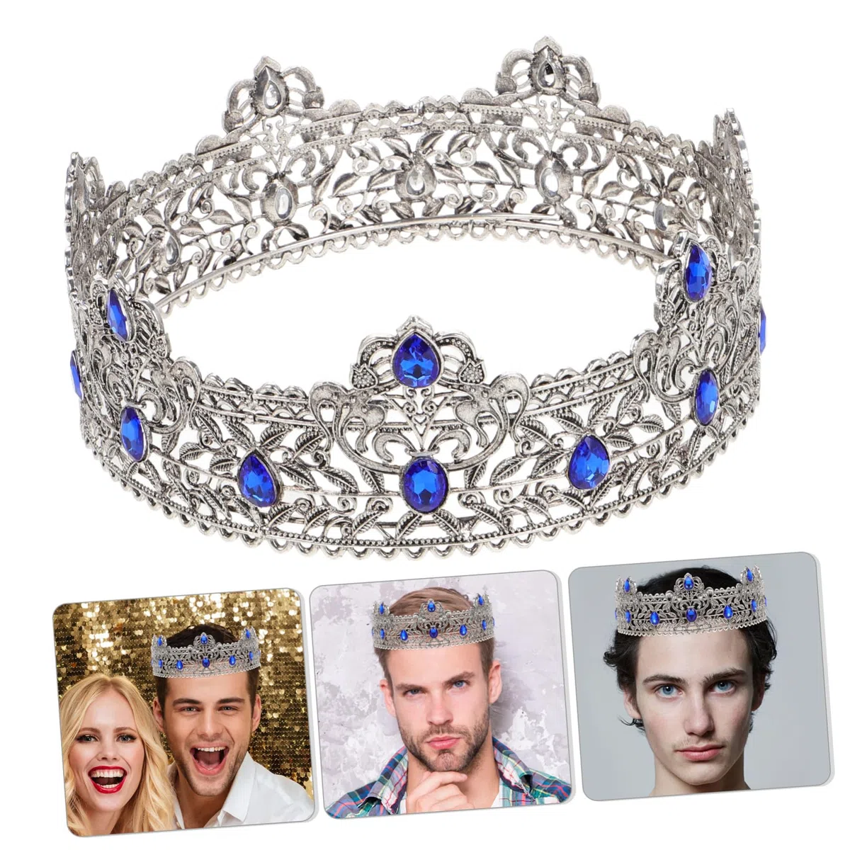 Corona Barocca Argento per Uomo Decorazioni di Strass, Lega di Zinco Leggera, Design Unico Europeo per Feste Teatrali e Compleanni