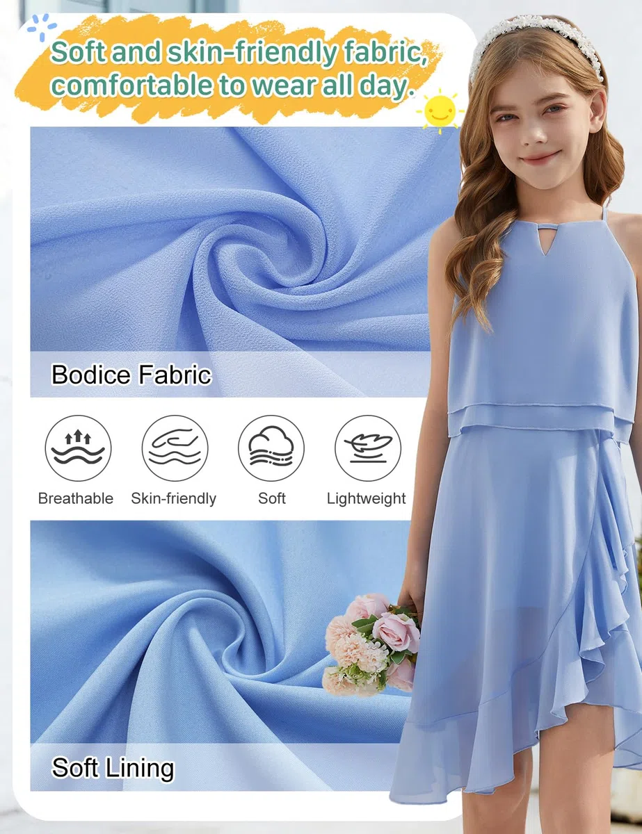 heekpek Abito da Ragazza Senza Maniche Estate Chiffon Vestito Bambina Volant Elegante Abiti da Festa per Ragazza 6-15 Anni
