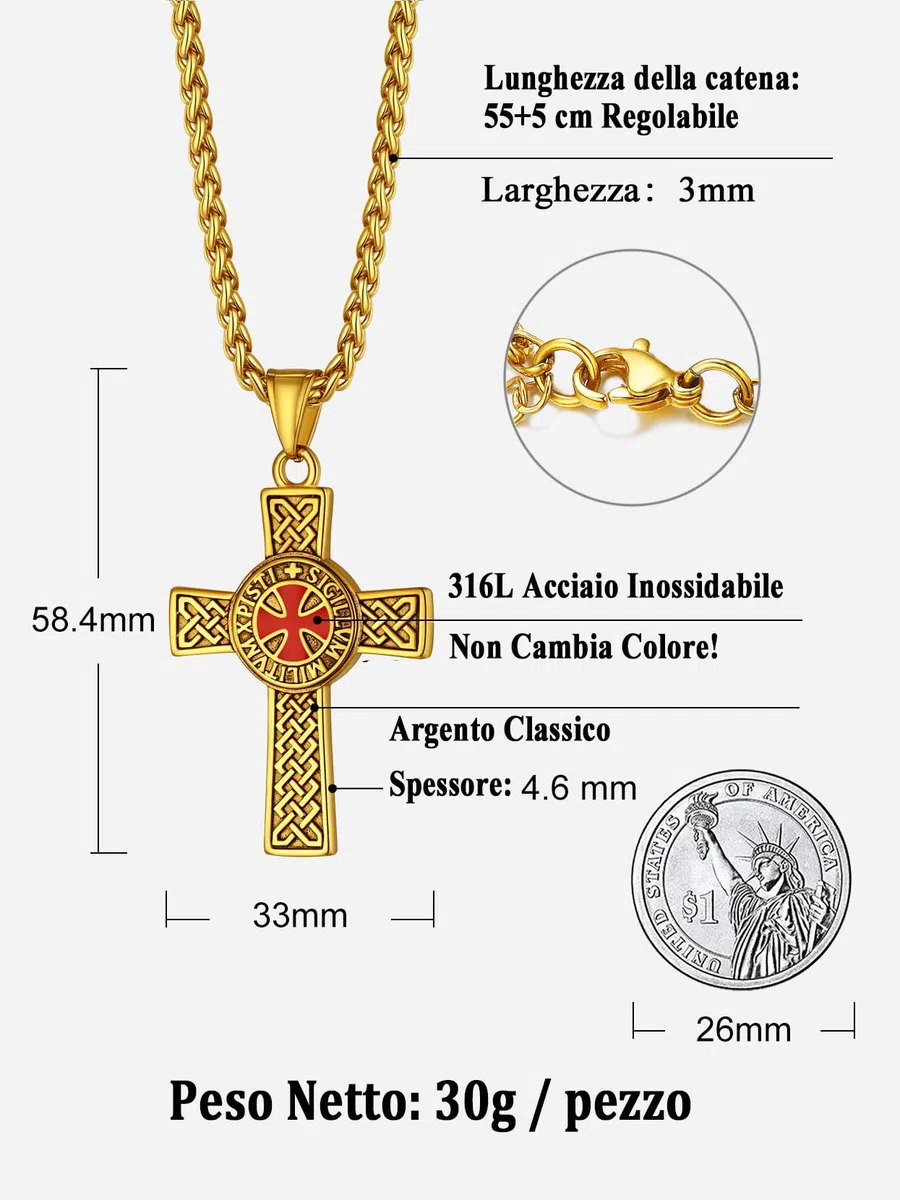 Richsteel Collana con Ciondolo Croce Templare Croce Rossa Elegante da Uomo Unisex Simbolo Cavalieri Templari Argento/Nero/Oro Gioielli Amuleto Regali per Coppie Genitori