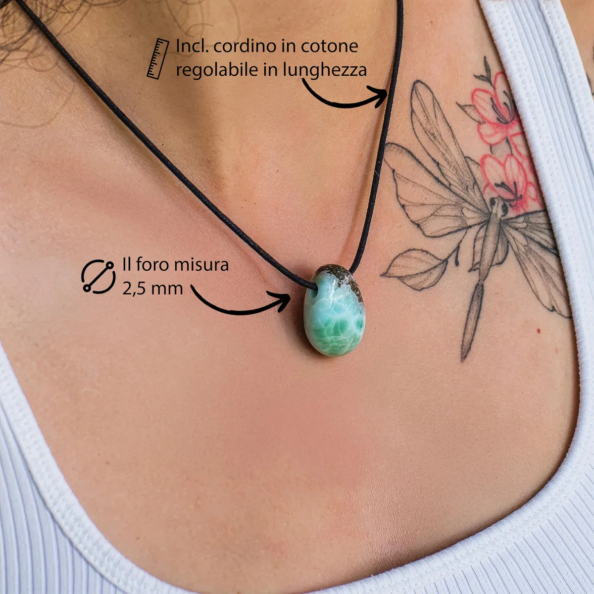 Lebensquelle Plus Larimar Ciondolo a goccia con inclusione | Ciondolo di pietre preziose forate con nastro di cotone, Pietra, Larimar