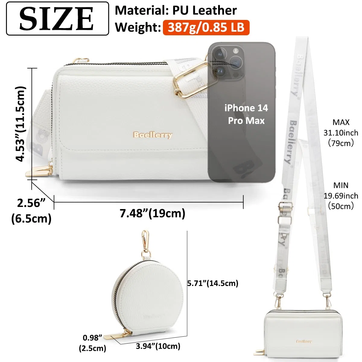 HNOOM Borse a Tracolla per Cellulare Portafoglio Donna Doppia Cerniera Lunga in Pelle PU Grande Capacità Mini Borsa Tracolla Donna con Portamonete e Tracolla Porta Cellulare (Bianco)