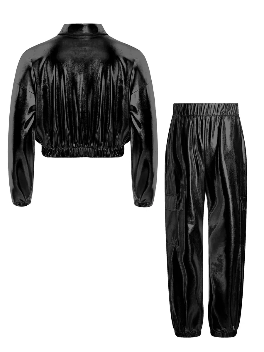 YiZYiF 2 Pezzi Tuta Lucido da Danza Hip Hop per Bambina Giacca a Maniche Lunghe + Pantaloni Lunghi Costume da Ballo