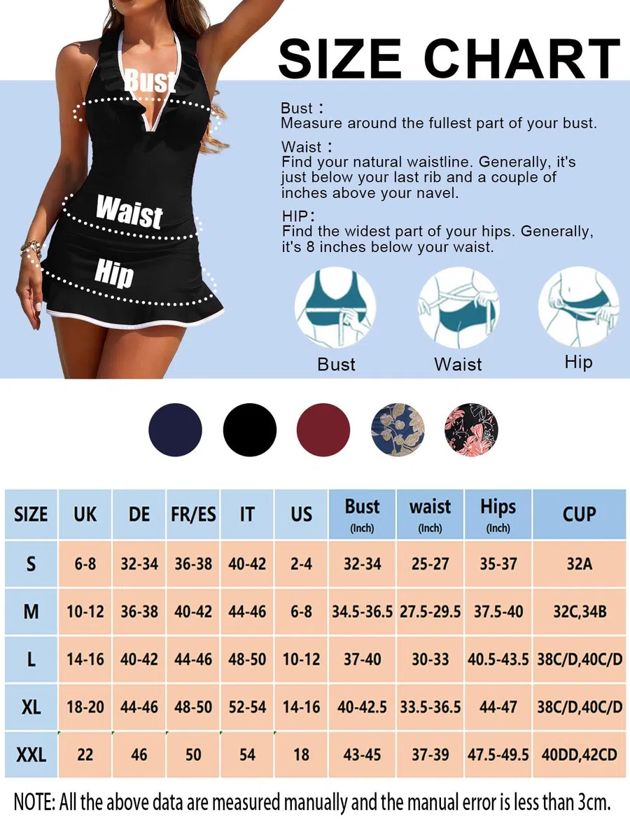 JFAN Tankini Donna Mare Curvy Costume da Bagno Due Pezzi Scollo V e Volant Tankini Gonna con Slip da Bagno