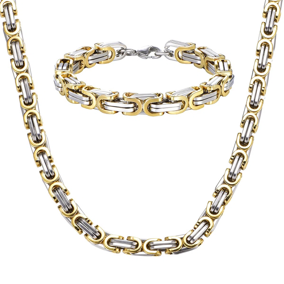 Set collana e bracciale per uomo, collana in acciaio inox, larghezza: 6 mm, da uomo, colore oro e acciaio, Acciaio inossidabile, Nessuna pietra preziosa