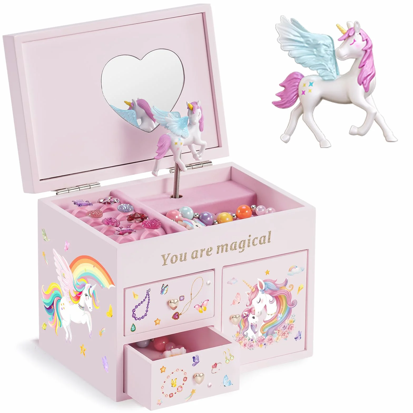 Lolalet Scatola di Gioielli in Legno con Unicorno per le Ragazze, Organizzatore di Gioielli per Bambini, Cassa di Gioielli per Collana Orecchini Bracciale Orologio Lipstick Anello -Rosa