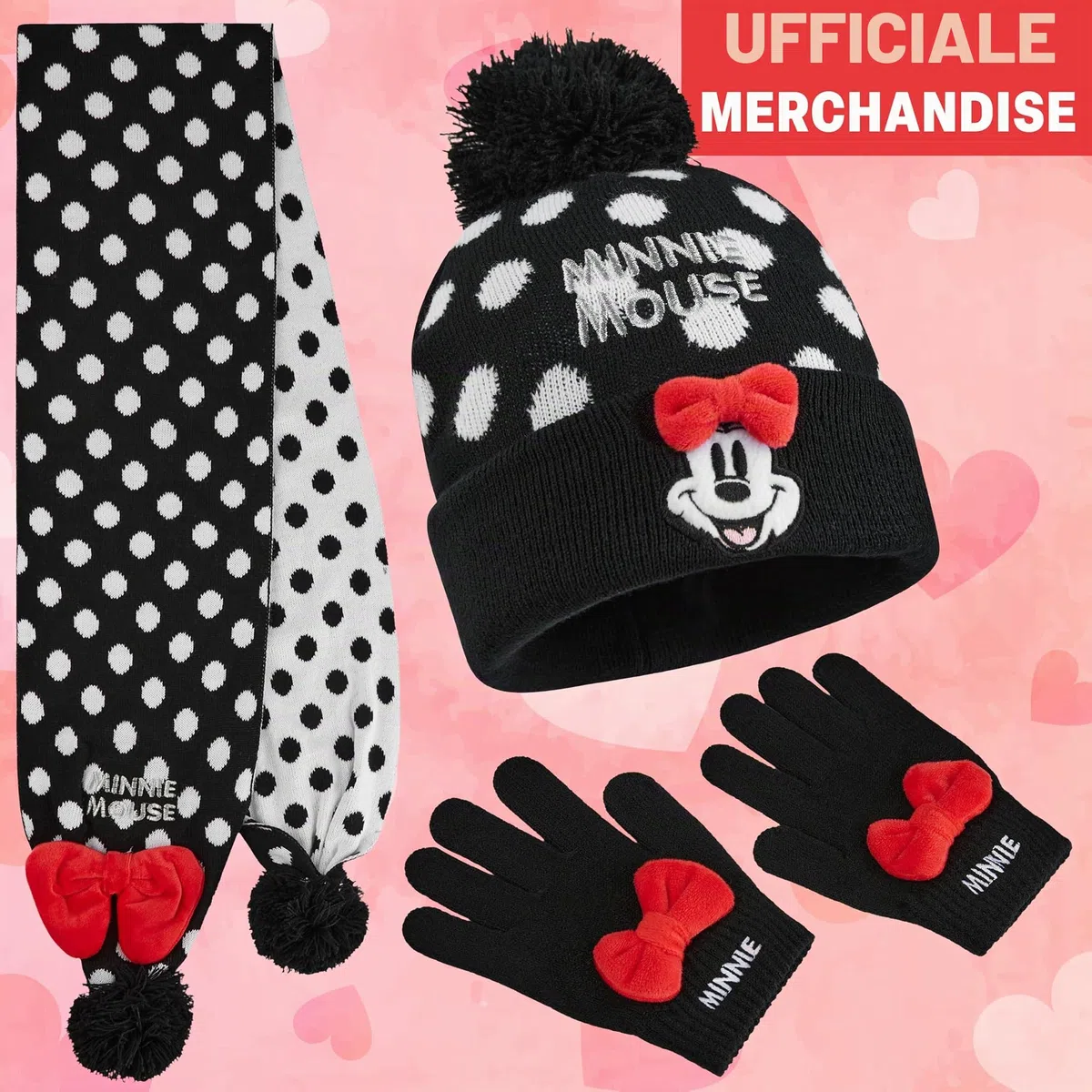 Disney Minnie Mouse Berretto, Sciarpa e Guanti Bambina, 3 Pz Maglia a Pois Accessori Invernali, Regalo Ragazza