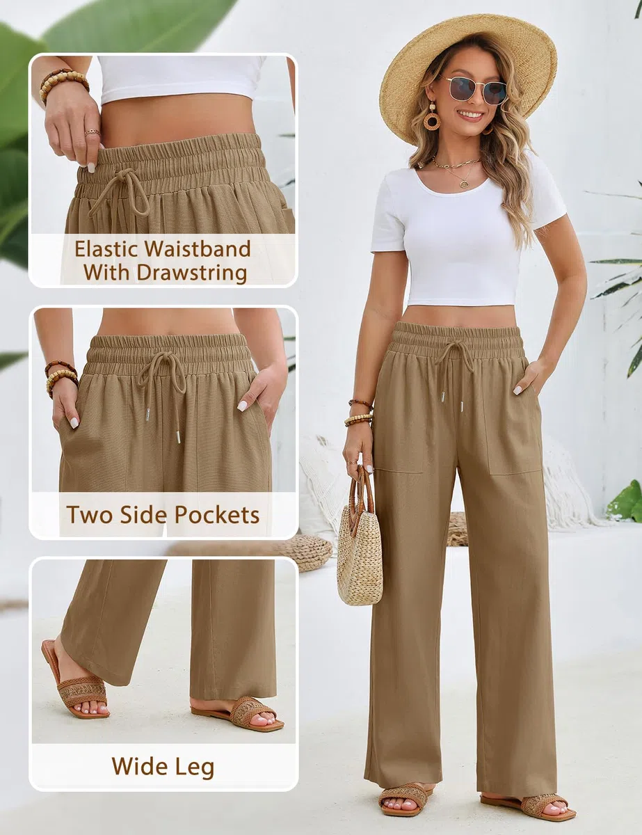 Pantaloni Donna Estivi Lino Pantaloni Leggeri Larghi Elastico Vita Alta Lunghi Gamba Dritta Eleganti Pantaloni Palazzo da Spiaggia Jogging Solido Sciolto Casual Comodi con Tasche