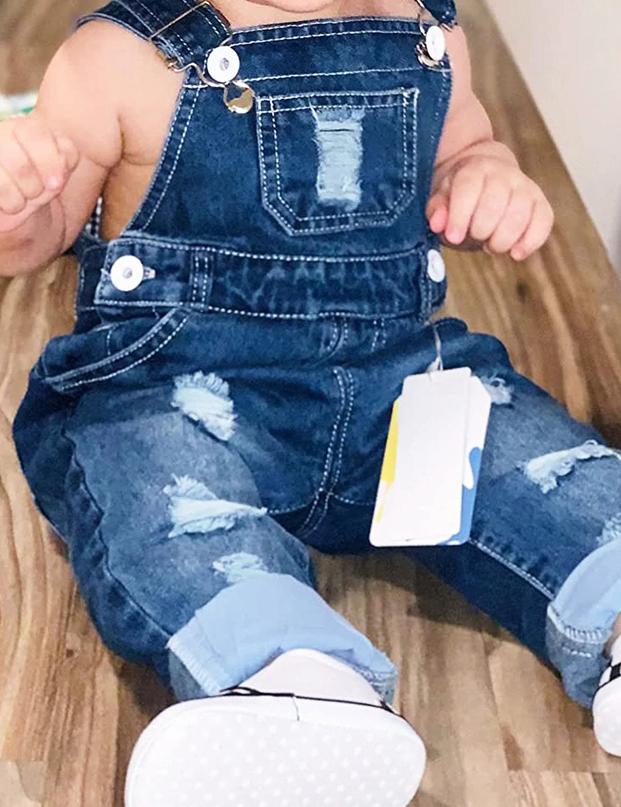 KIDSCOOL SPACE Salopette di Jeans per Bebè,Salopette Jean con Fori Strappati Alla Moda