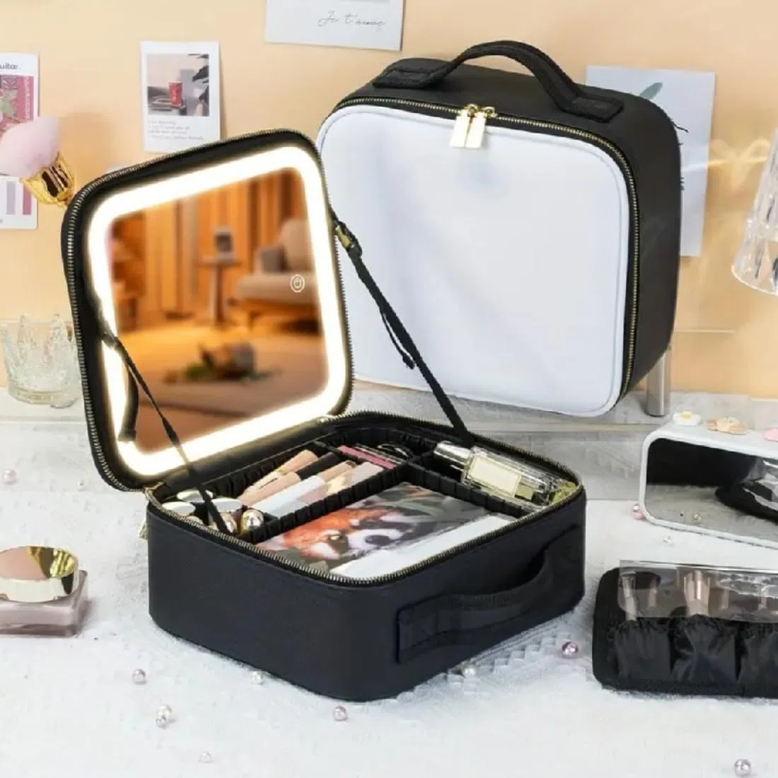 GLAMANIA - Beauty case portatile per trucco, da donna, con specchio, borsa per trucchi, trousse con specchio, borsa per cosmetici con specchio, borsa da viaggio, schwarz, 27 x 25 x 11 cm, Moderno