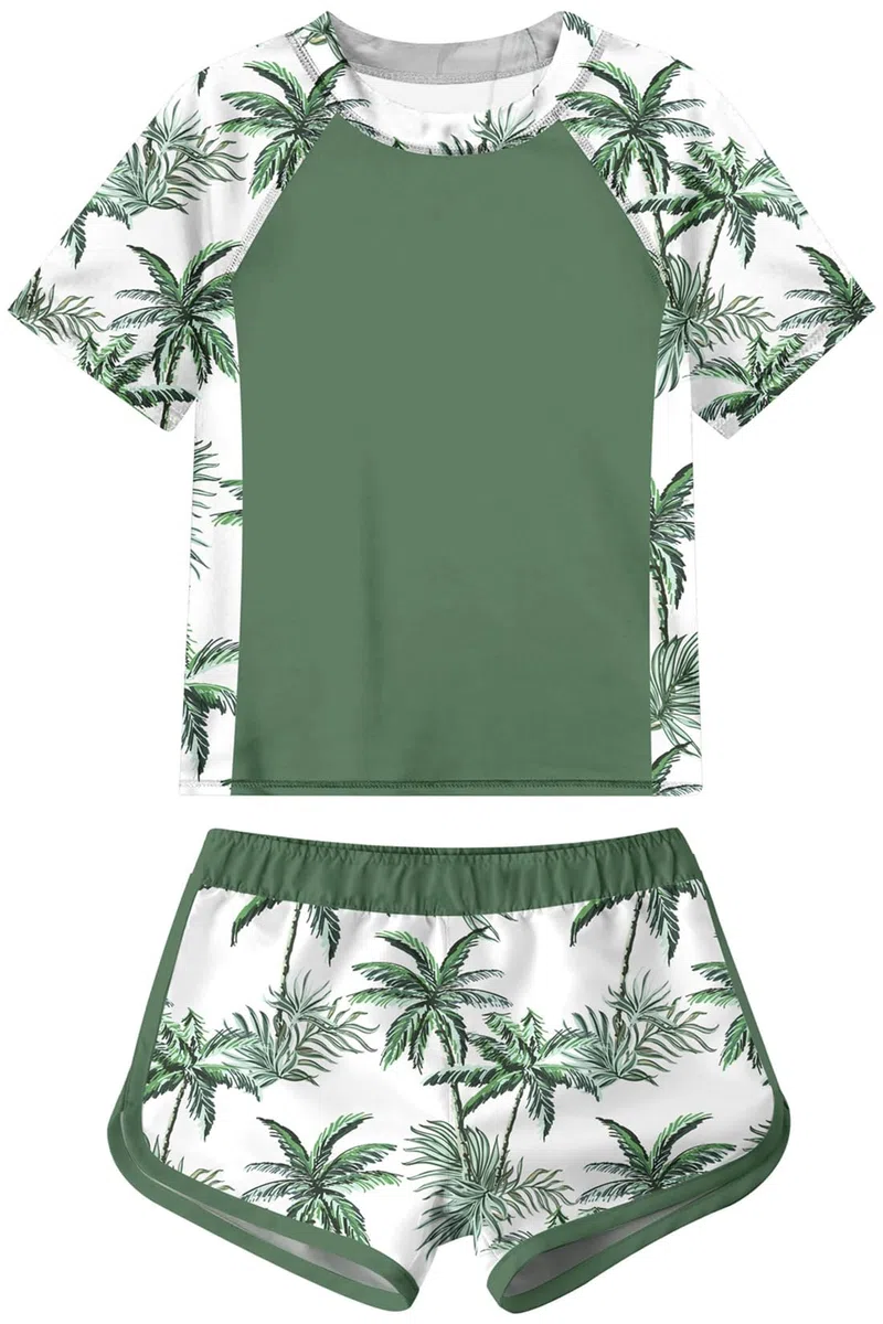 Fanient Costume da Bagno per Bambine Protezione Solare UPF 50+ Due Pezzi Asciugatura Rapida Manica Corta Stampato per Bambini dagli 8-14 Anni