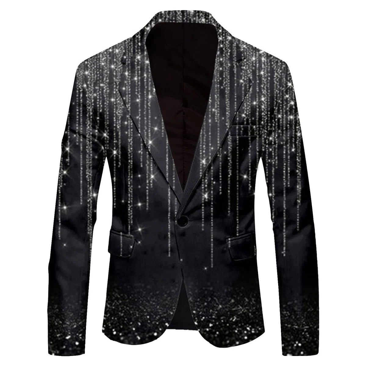 Giacca da festa da uomo, lucida, con paillette, stampa 3D, con brillantini, slim fit, un bottone, blazer anni '70, 80, discoteca, feste a tema, spettacolo