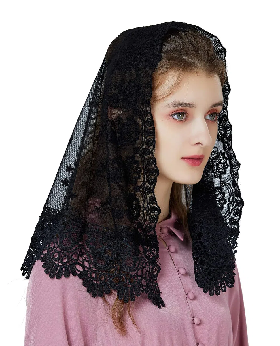 BEAUTELICATE Velo di Pizzo per Chiesa Sposa Velo Muliebre Cattolica Copricapo Foulard Sciarpa per Messa Latino Lutto Nero Avorio V105