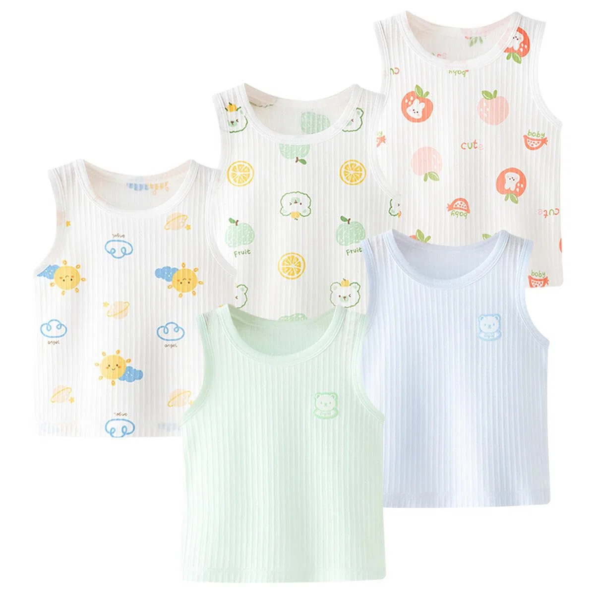 Confezione da 5 Canotta da Bambina in Cotone Neonata Cotone Canottiera per Bambina Canotte Motivi Cartoon Bimba Canottiere Elastiche Top Senza Maniche per 0-5 Anni