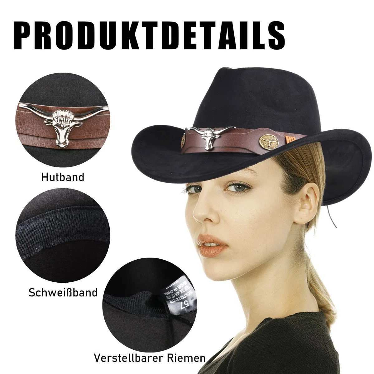 Cappello da cowboy Western Style da donna e uomo, in pelle con applicazione a testa di toro e cinturino regolabile (56-58 cm), cappello a tesa larga per festival, giardinaggio e feste a tema (nero