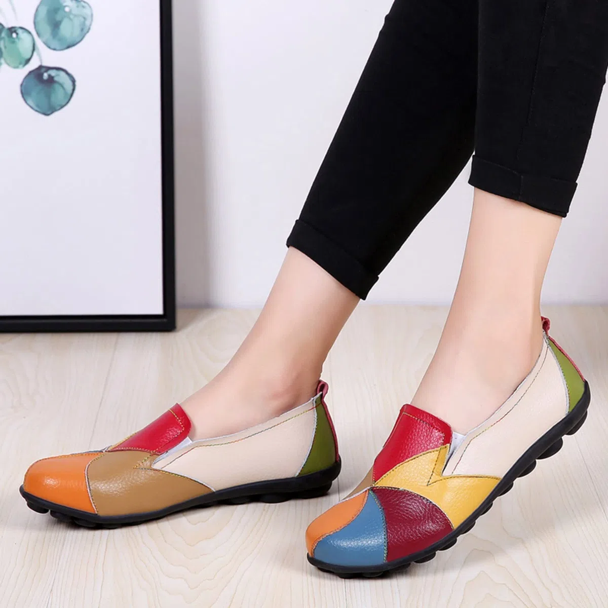 Scarpe basse da donna Loafers con patchwork colorato chiuso punta tonda scarpe basse antiscivolo slip-on in pelle mocassini suola in gomma morbida sandali casual scarpe da barca